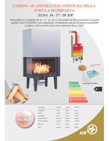 Camino Inserto Ventilato a Legna 16 kW – Porta angolare modello Elisa