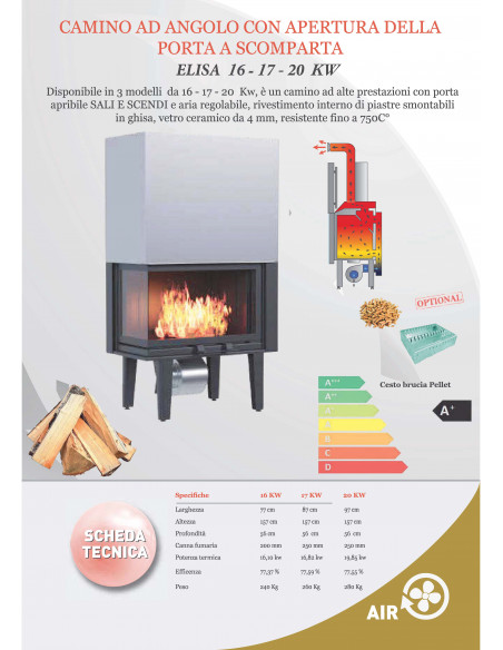 Camino Inserto Ventilato a Legna 17 kW – Porta Angolare modello Elisa