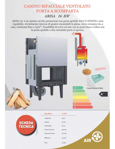 Inserto a Legna Ventilato Bifacciale da 16 kW con Porta Sali e Scendi modello Arisa
