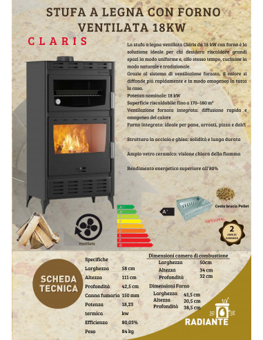 Stufa a legna ventilata Claris da 18 kW con forno
