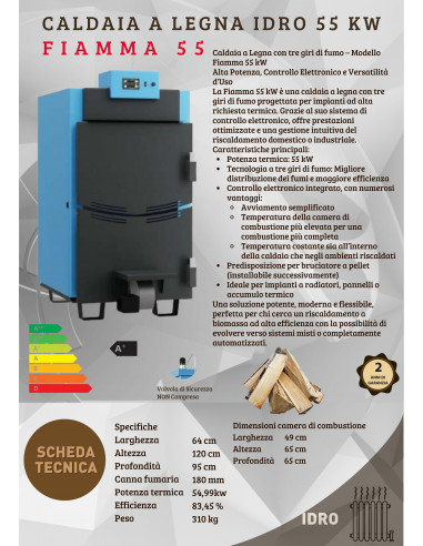 Caldaia a Legna con tre giri di fumo – Modello Fiamma 55 kW