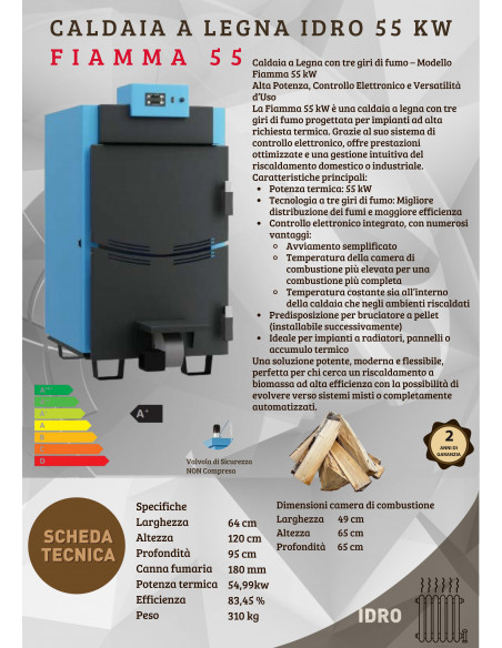 Caldaia a Legna con tre giri di fumo – Modello Fiamma 55 kW