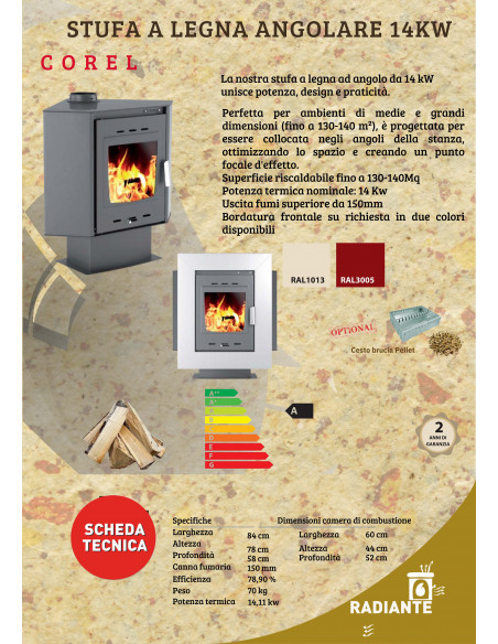 Stufa a legna ad angolo da 14 kW