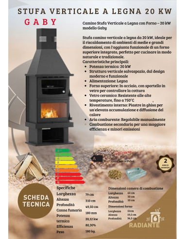 Camino Stufa Verticale a Legna con Forno – 20 kW modello Gaby