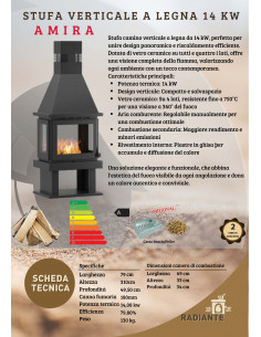 Camino Stufa Verticale a Legna con Forno – 14 kW, Vetro su 4 Lati Modello Amira 2