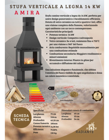 Camino Stufa Verticale a Legna con Forno – 14 kW, Vetro su 4 Lati Modello Amira