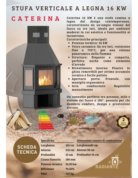 Camino Stufa Caterina  16 kW, Vetro su 3 Lati