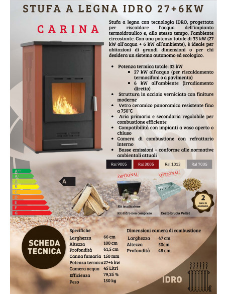 Stufa a Legna IDRO 27 + 6 kW modello Carina