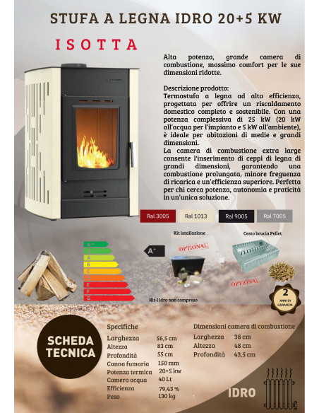 Termostufa a Legna 20 + 5 kW Modello Isotta