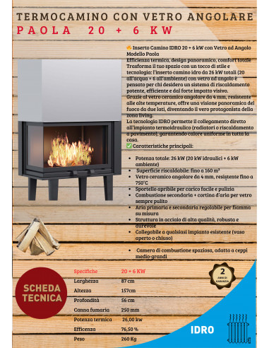 Inserto Camino IDRO 20 + 6 kW modello Paola