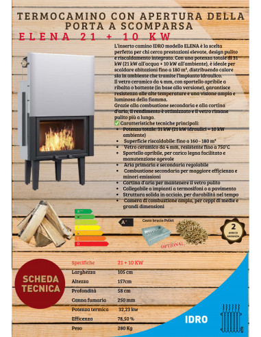 Inserto Camino IDRO Modello ELENA – 21 + 10 kW