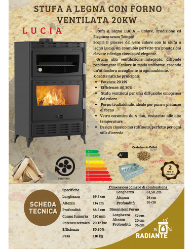 Stufa a legna ventilata Lucia da 20 kW con forno