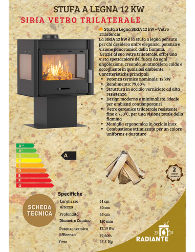Stufa a Legna SIRIA 12 kW – Vetro Trilaterale