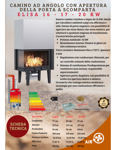 Camino Inserto Ventilato a Legna 16 kW – Porta angolare modello Elisa