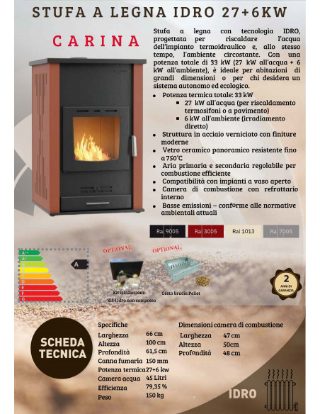 Stufa a Legna IDRO 27 + 6 kW modello Carina